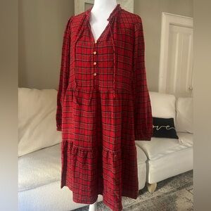 LOFT NWT Red & Gold Thread Tiered Check Shimmer Plaid Pocket Dress Size S